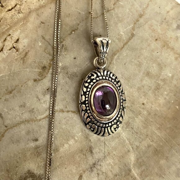 Sterling Silver 925 Scrollwork Oval Purple Cubic Zirconia Pendant Necklace 18" - Picture 3 of 16